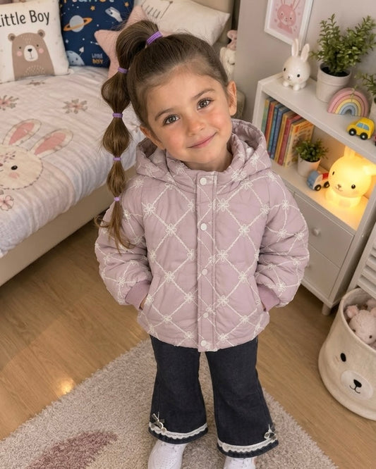 Girls Quilted Jacket with Flared Jeans Outfit